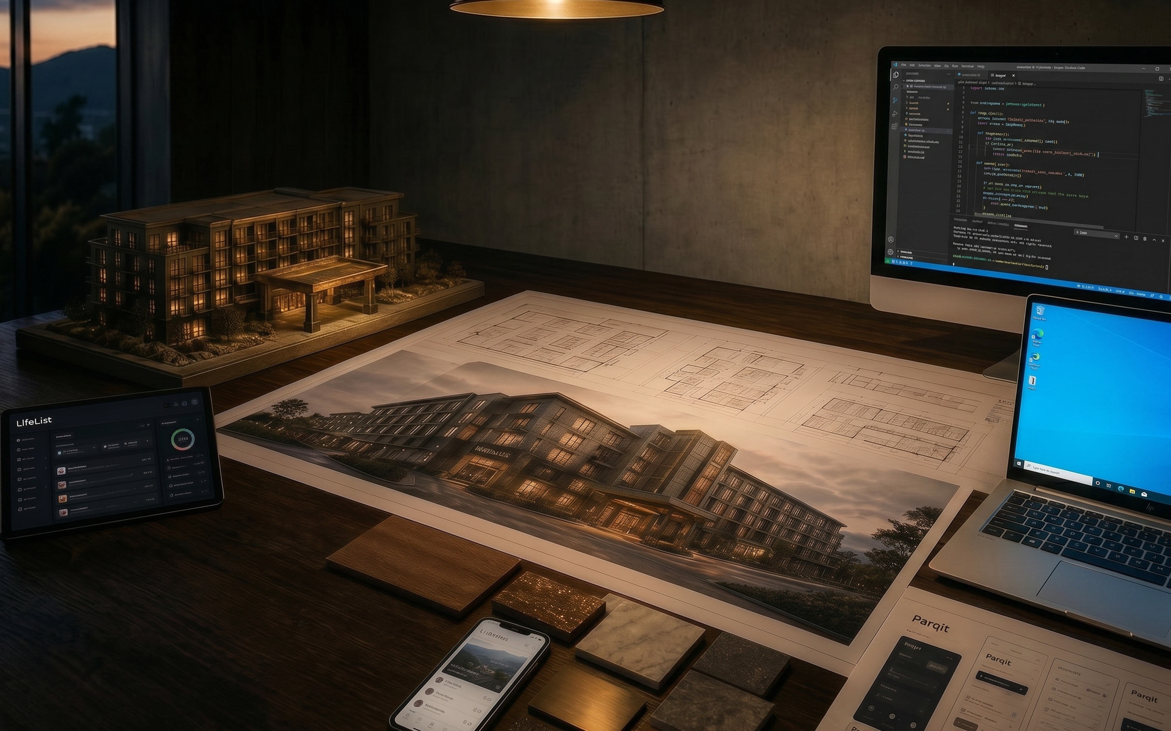 Venture builder atelier with architectural models, hotel blueprints, and material samples