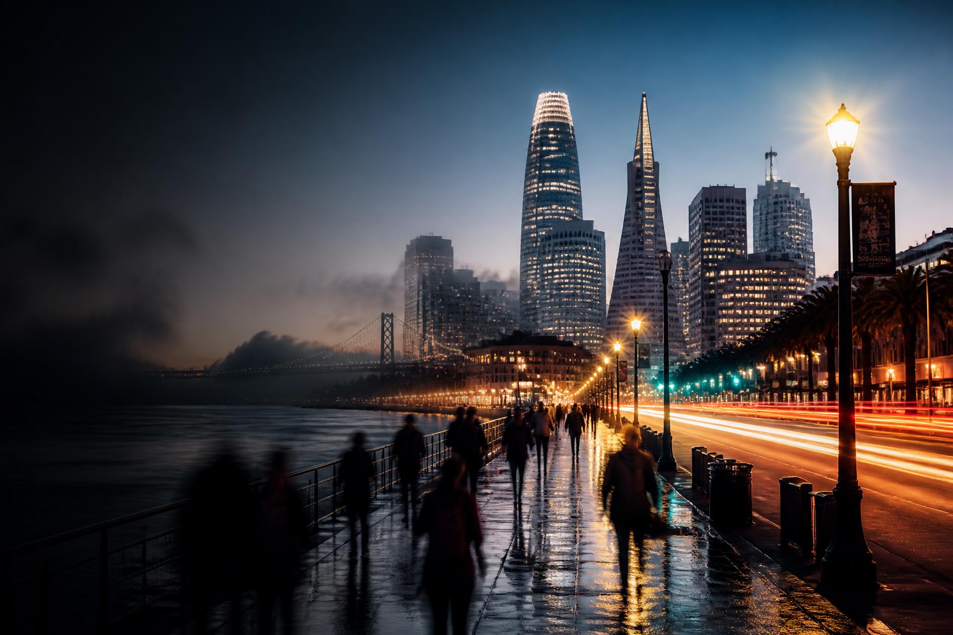 San Francisco waterfront at twilight with people and light in motion, symbolizing innovation and venture building